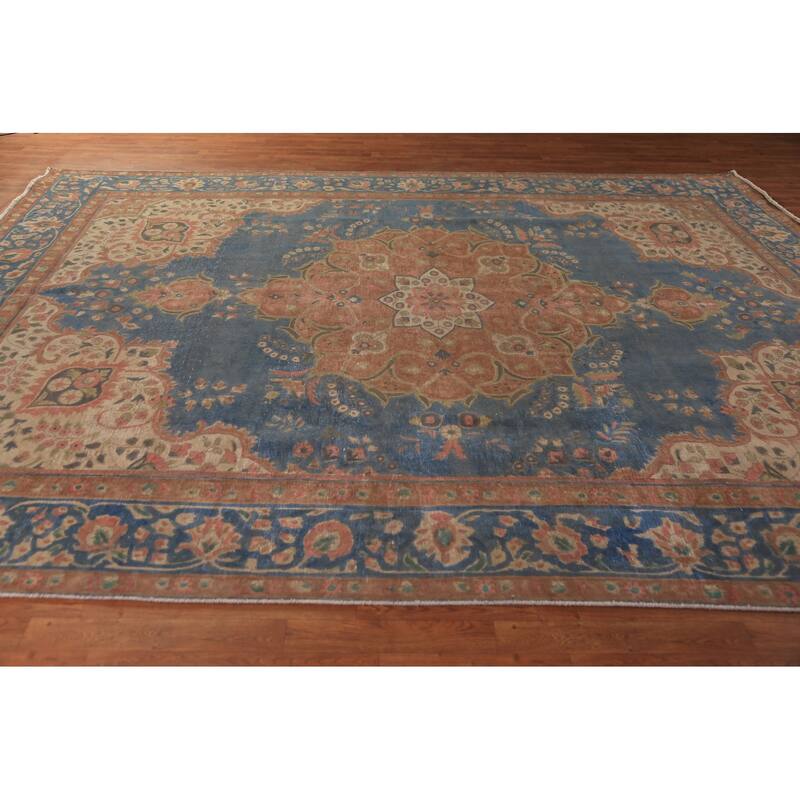 Floral Medallion Tabriz Persian Area Rug Blue Handmade Wool Carpet - 9'5"x 12'5"