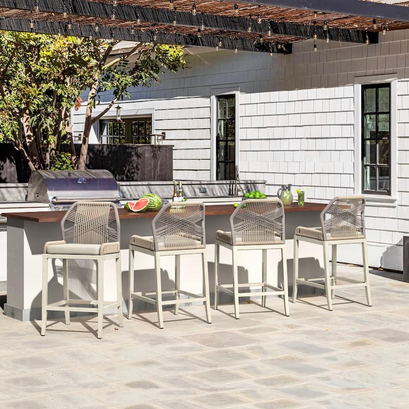 4 Set Modern Aluminum Twill Wicker Woven Outdoor Bar Stool Chair Set, Counter Height Stool with Back and Cushion - 40.6"H