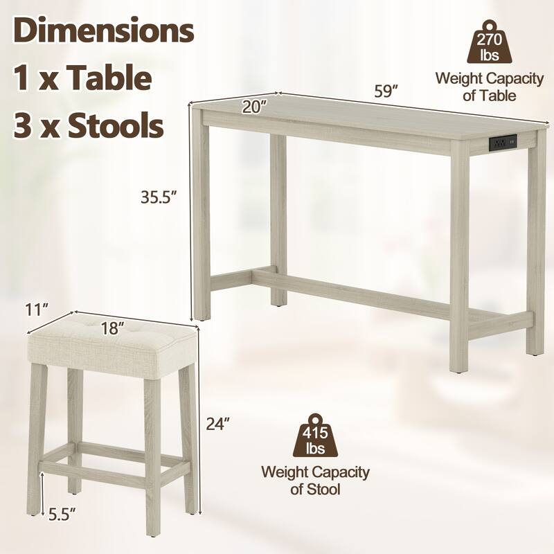 Gymax 4PCS Bar Table Set w/Charging Station 3 Padded Stools for Living