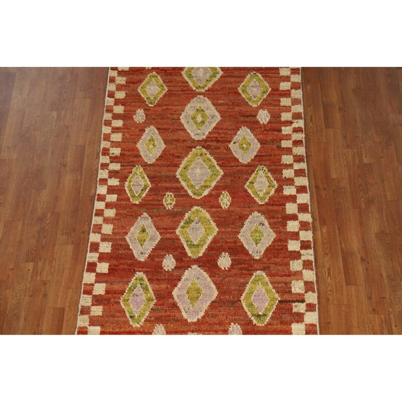 Orange Moroccan Oriental Runner Rug Handmade Hallway Wool Carpet - 3'5" x 15'10"