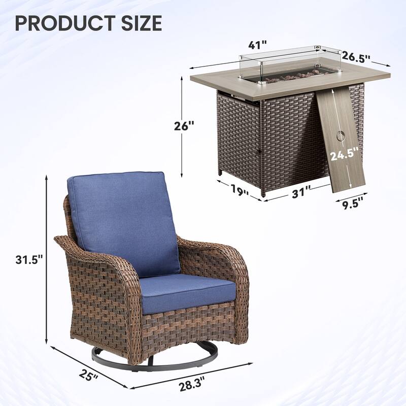 Pocassy Patio Funiture Swivel Chairs with Fire Table Set