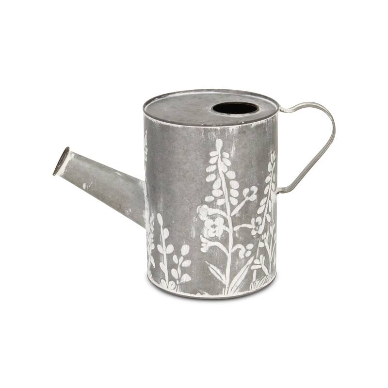 HomeRoots 8" Gray And White Galvanized Metal Flowers Hand Painted Decorative Watering Can - 13.25 in. x 8.25 in. x 6.25 in.