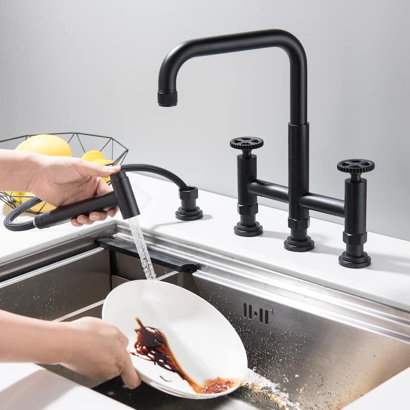 4 Hole Industrial Bridge Kitchen Faucet with Side Sprayer Commercial Stainless Steel Kitchen Sink Faucet 360 Degree Swivel