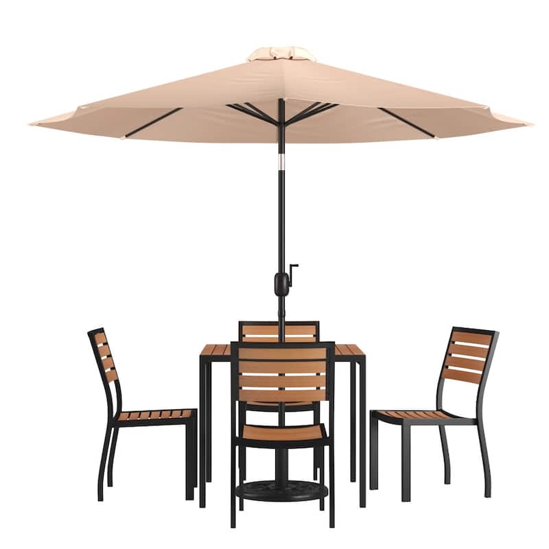 Faux Teak Patio Table, 4 Chairs & 9FT Patio Umbrella with Base