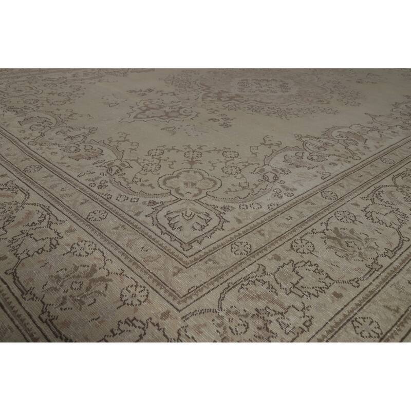 Tabriz Persian Vintage Rug Hand-Knotted Beige Oriental Wool Carpet - 8'2" x 11'2"