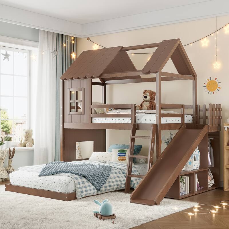 Twin over Full House Bunk Bed with Ladders and Slides, House Floor Bunk Bed with Storage Shelves and Wardrobe - Antique Natural