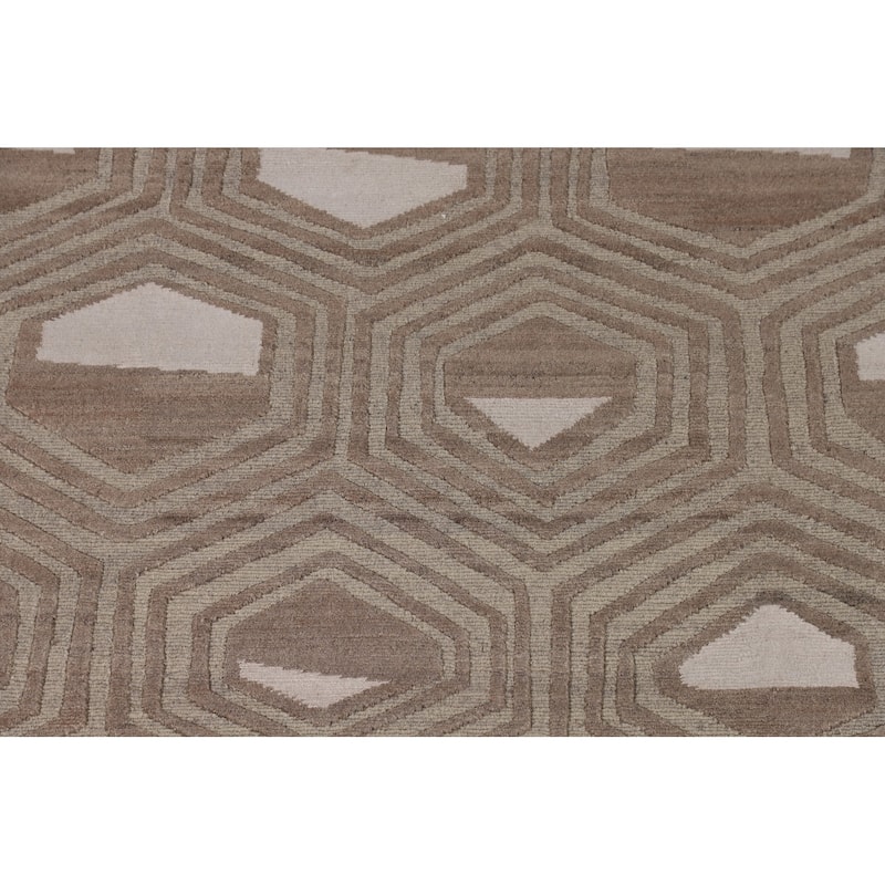 Geometric Modern Oriental Area Rug Handmade Beige Wool Carpet - 9'0" x 11'8"