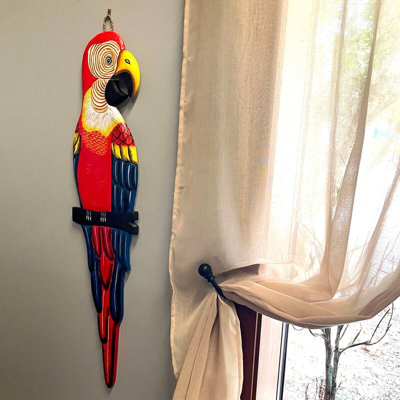 Wood Parrot Wall Decor 38" Hand-Carved Macaw Sculpture Tropical Bird