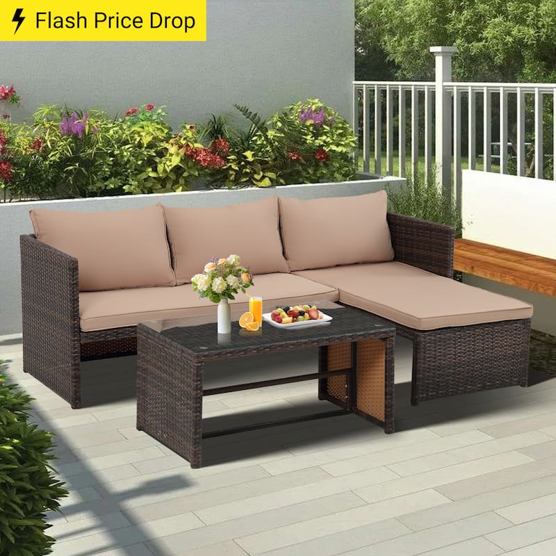 3-Piece Outdoor PE Rattan Furniture Set Patio Wicker Conversation Loveseat Sofa Sectional Couch Cushion - Brown