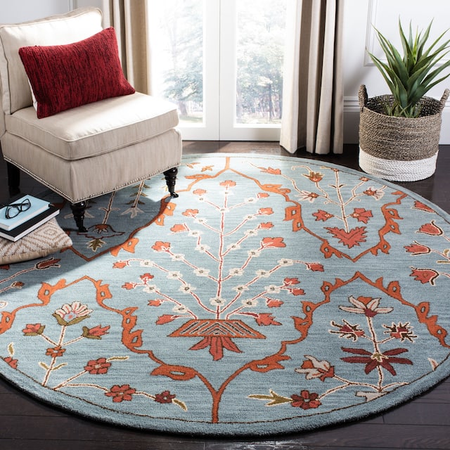 SAFAVIEH Wyndham Hand-tufted Wool Botanical Area Rug - 7' x 7' Round - Blue/Rust