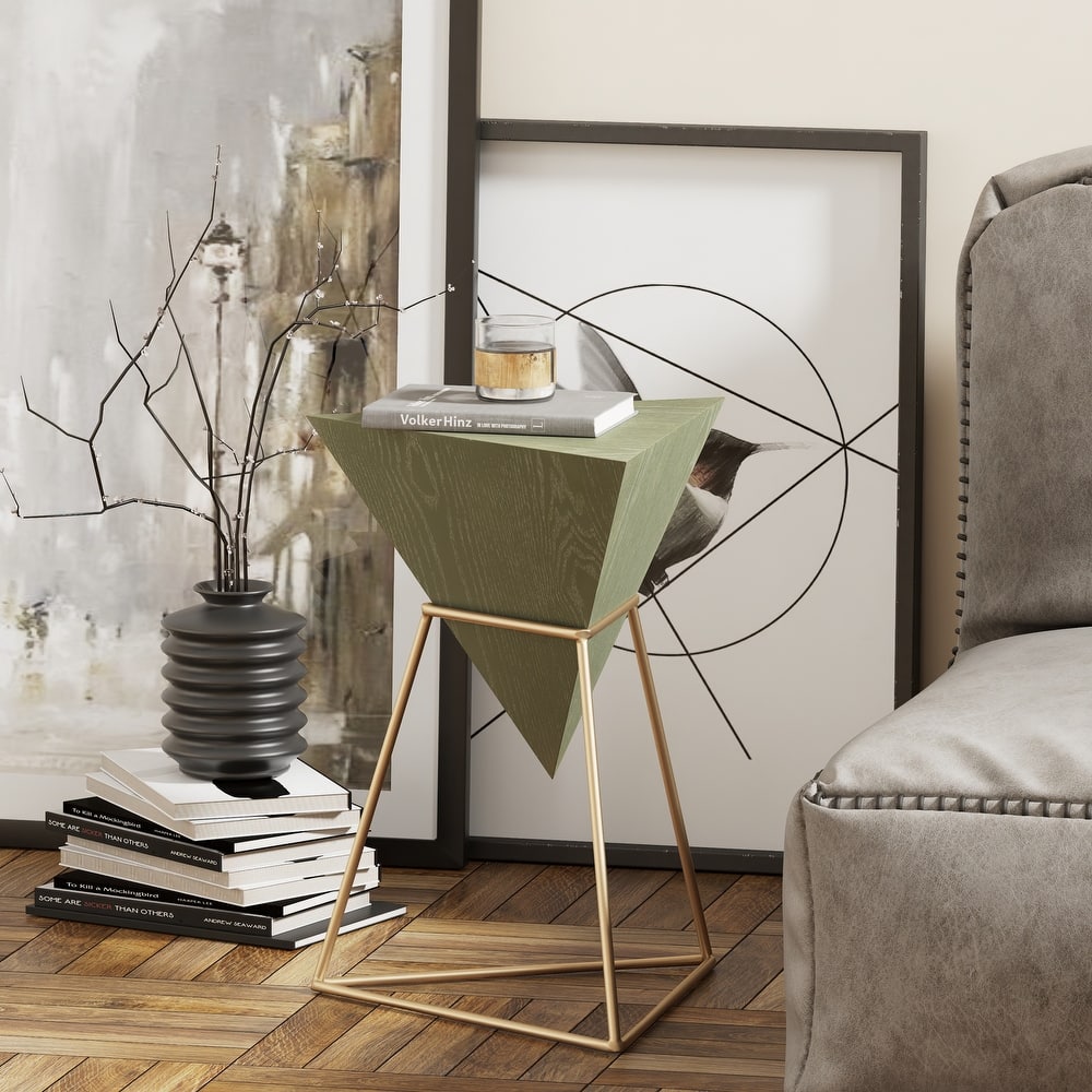 COZAYH Modern Geometric End Table with Wooden Top and Metal Base, Unique Pyramid Side Table Plant Stand for Office, Triangle