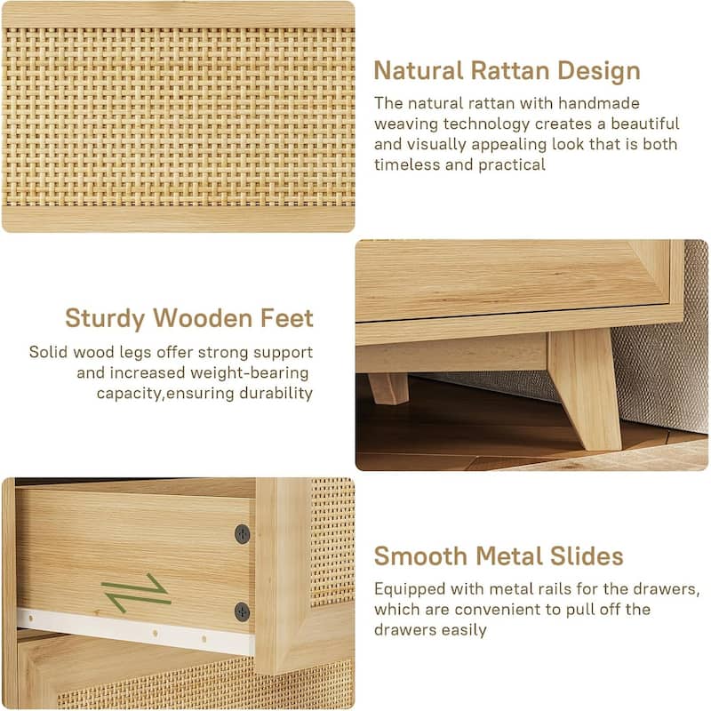 Rattan Nightstand for Bedroom Charging Station USB Ports LED Lights