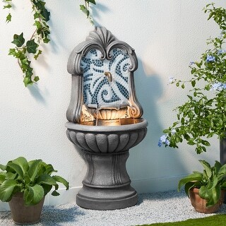 Glitzhome 35.25"H Faux Mosaic 3-Tier LED Pedestal Polyresin Outdoor Fountain