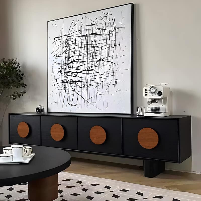 71" Mid Century Modern Black TV Stands, With Solid Wood Veneer, 4 Cabinets Media Console
