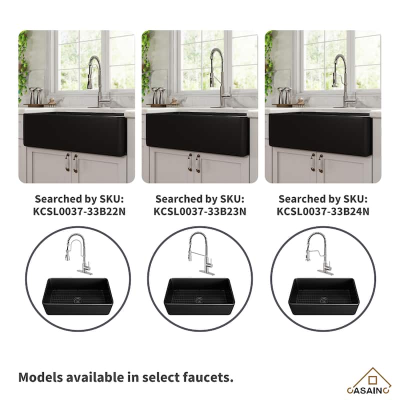 Farmhouse/Apron-Front Single Bowl Fireclay Kitchen Sink with 3-Function Pull-Down Kitchen Faucet, Grid, and Basket Strainer