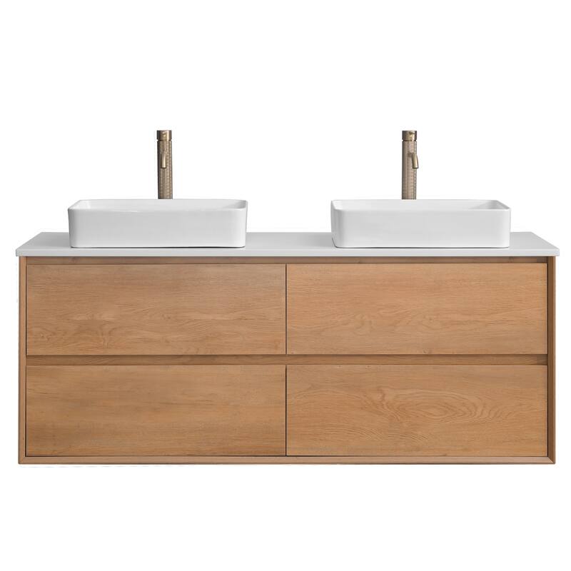 60" Floating Bathroom Vanity Quartz Counter Top with Double Ceramic Vessel Sink - Squard Sink