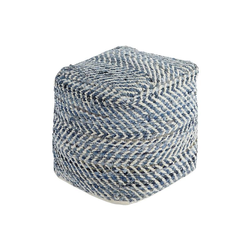 Fabric Round Shaped Pouf with Chevron Pattern, Blue