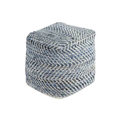 Fabric Round Shaped Pouf with Chevron Pattern, Blue
