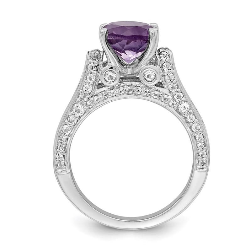 Curata 925 Sterling Silver Rhodium Plated 8mm Amethyst and White Topaz Ring
