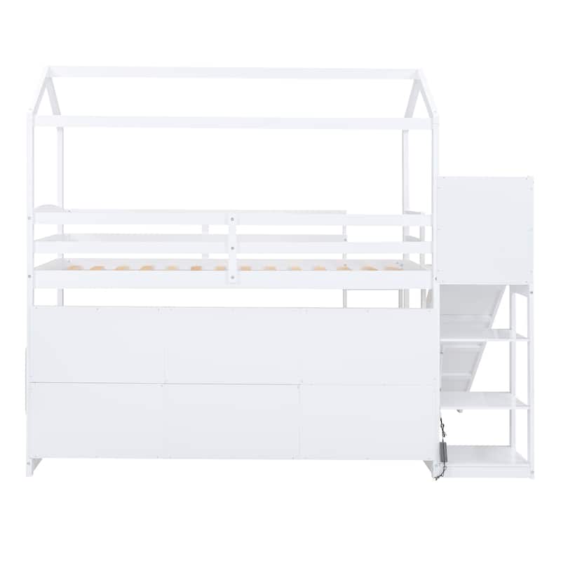 Twin Size Wood Loft Bed with Slide, Storage Shelves, and Light in White