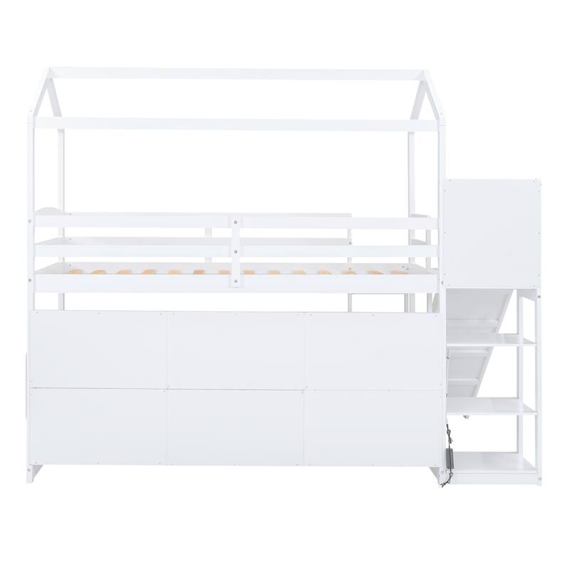 Wooden Playhouse Loft Bed with Trundle, Slide, and Storage Shelves