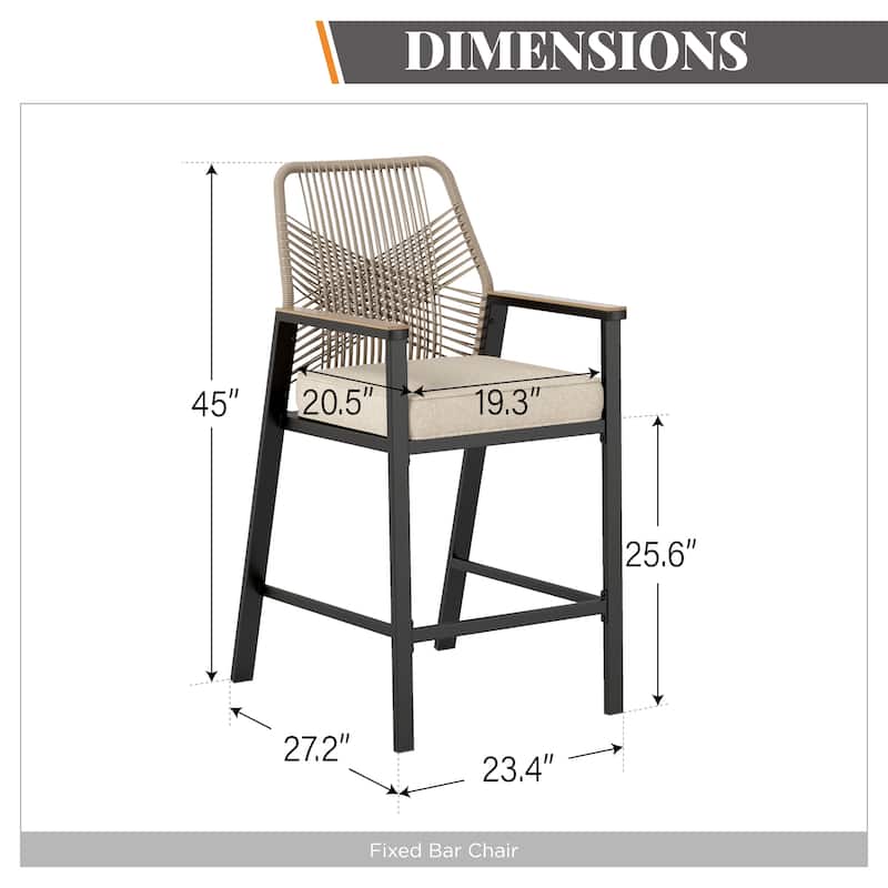 MAISON ARTS Modern Twill Wicker Woven Outdoor Bar Stool Chair Set, Counter Height Stool with Back and Cushion
