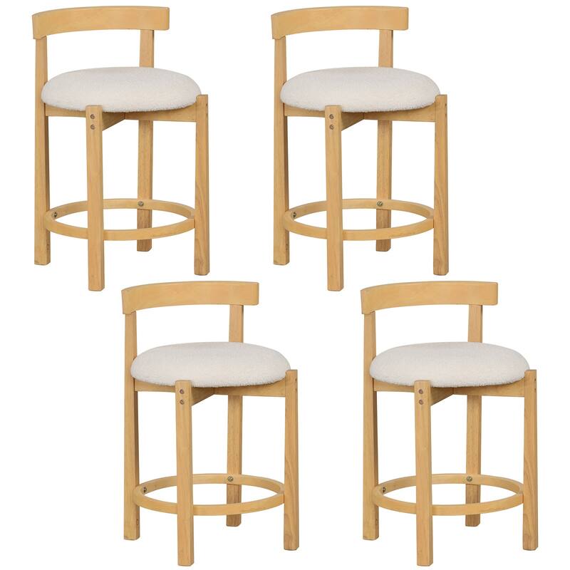 Natural-Beige Teddy Velvet Rubber Wood Bar Stools Set with Backrest - 19" x 18" x 31" (L x W x H) - Set of 4