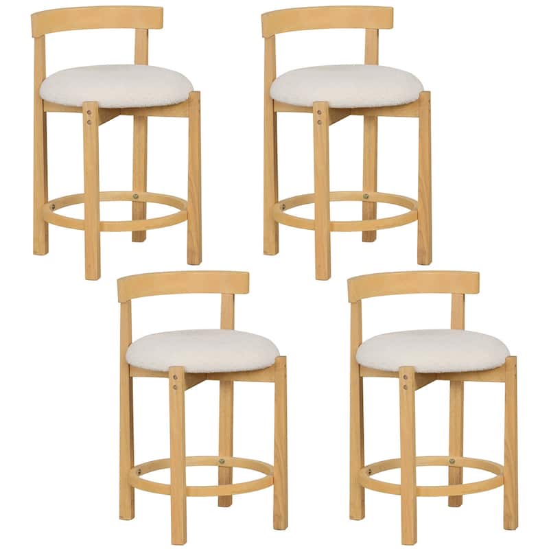 Natural-Beige Teddy Velvet Rubber Wood Bar Stools Set with Backrest - 19" x 18" x 31" (L x W x H)