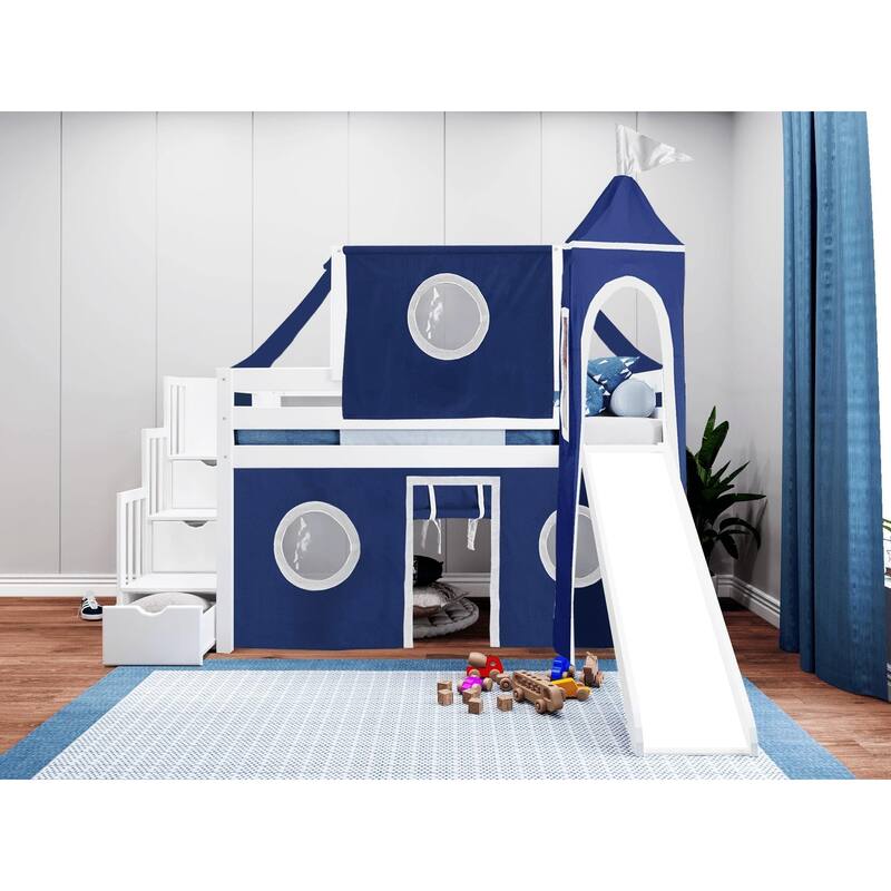 JACKPOT Prince & Princess Low Loft Twin Bed, Stairs Slide Tent & Tower