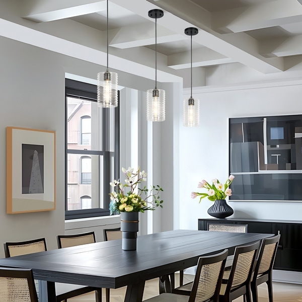 Modern Minimalist 1 Light Black Cylindrical Pendant Light Clear Striped Glass Cylindrical Kitchen Island Light for Dining Room 5.7 D 10.4 H