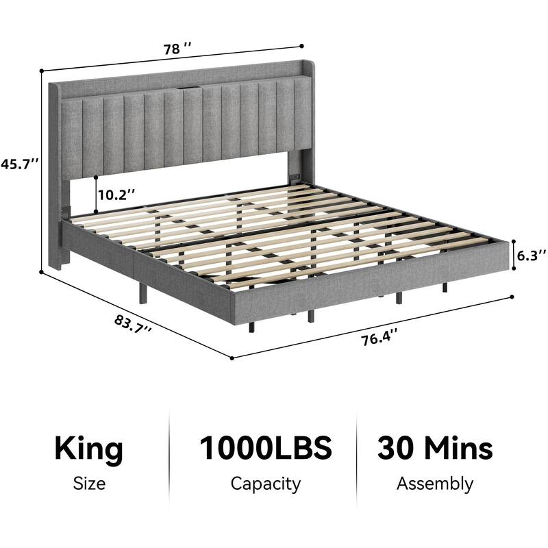 Floating Bed Frame with LED Lights, Upholstered Platform Bed Frame with Charging Station & Storage Headboard