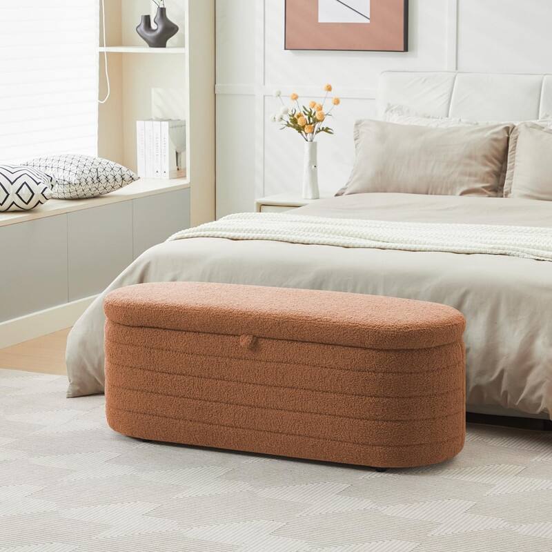 45" White Teddy Storage Ottoman Bench for Living Room Bedroom,Oval Sherpa Storage Bench Ottoman Foot Rest Anti-slip Legs