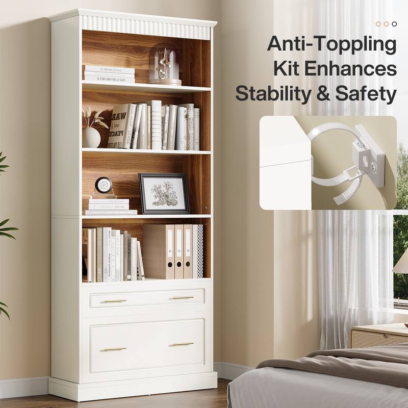 5-tier Modern Bookshelf Tall Bookcase with 2 Drawers (Set of 2) - 31.5" W x 11.8" D x 72.8" H