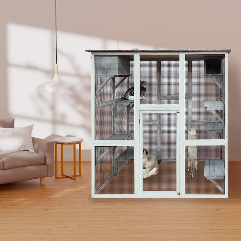 Outdoor Cat Enclosure with Roof, Platforms & Boxes, 30" to 70.9" Wide - 71''