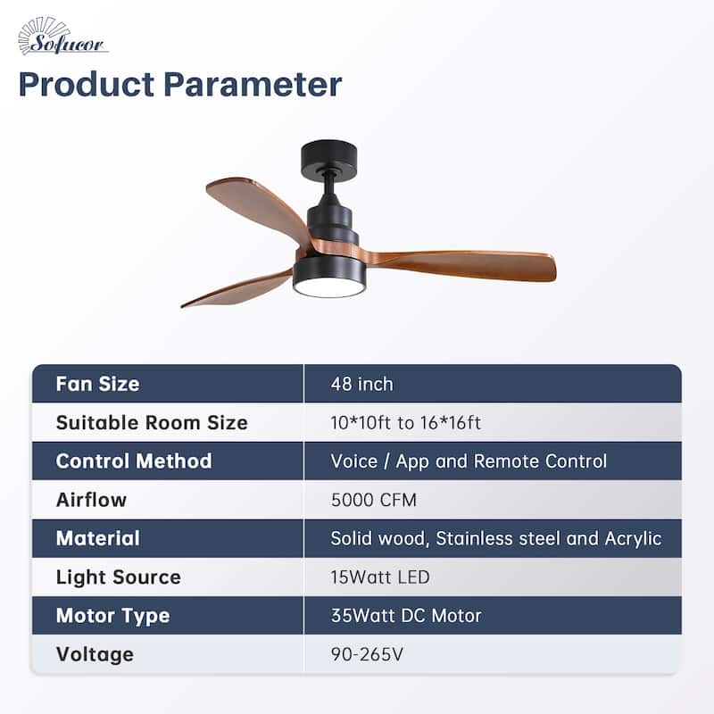 Sofucor 48"/52" Indoor Wood Ceiling Fan Light with Remote, Integrated Light Optional