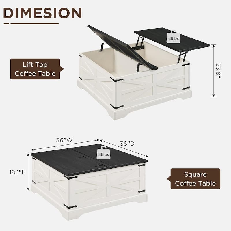 Farmhouse Lift Top Coffee Table with Storage, Wood Square Center Table
