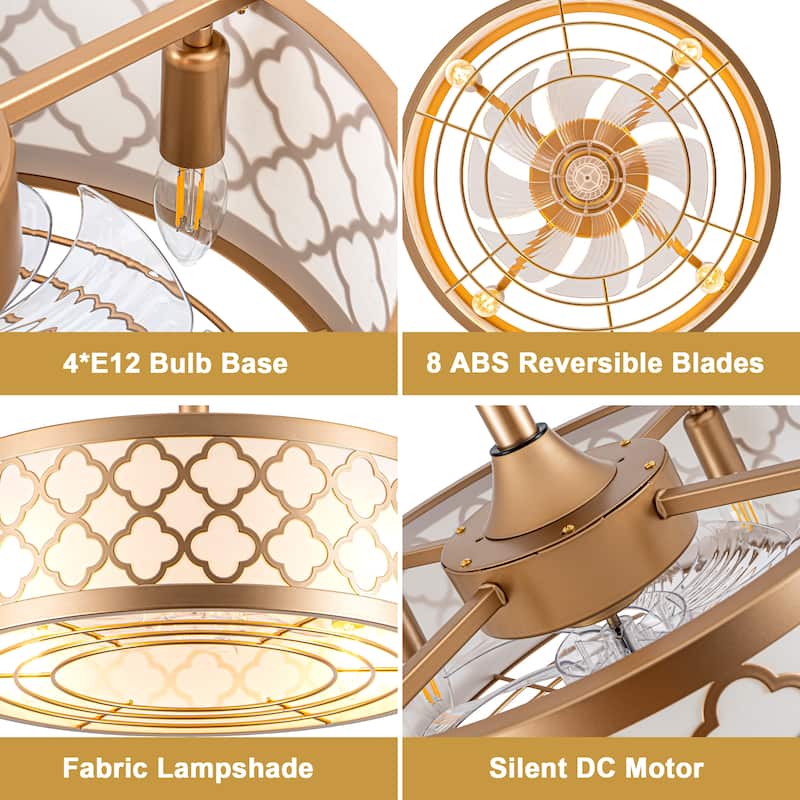 Cusp Barn 18" Fandelier Caged Ceiling Fan with Lights and Remote, Modern Gold 6 Speeds Reversible DC Motor Indoor Ceiling Fan