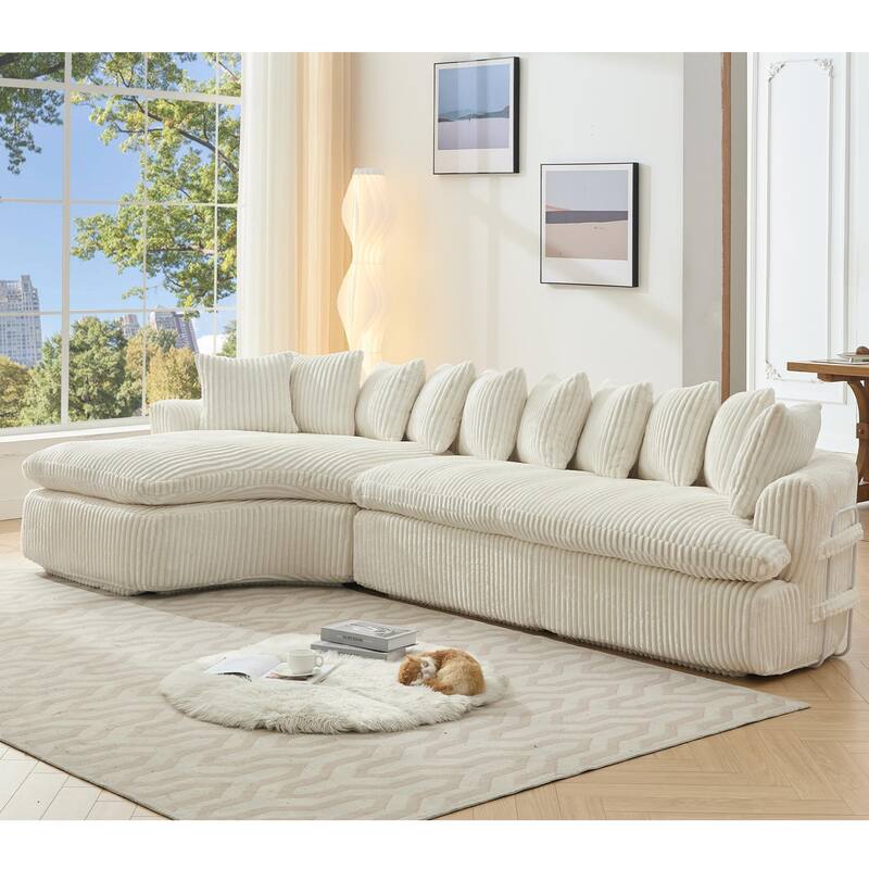 127" Corduroy L-Shaped Sectional Sofa with 10 Back Cushions