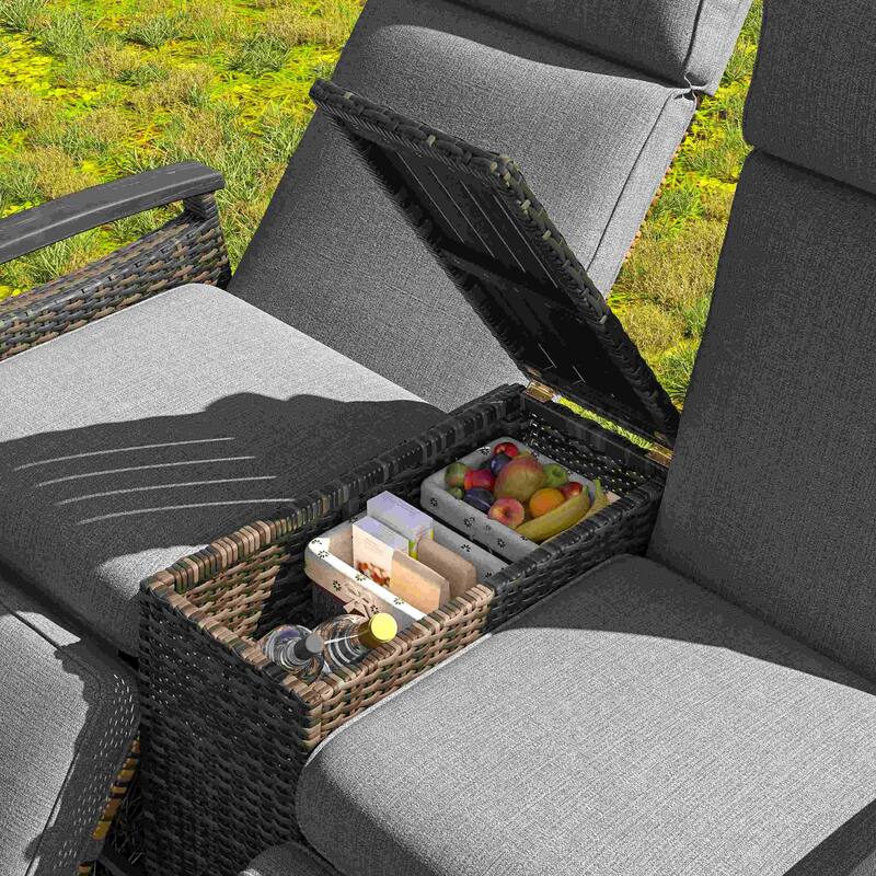 Patio Recliner Loveseat Chair with Adjustable Backrest and Storage Table