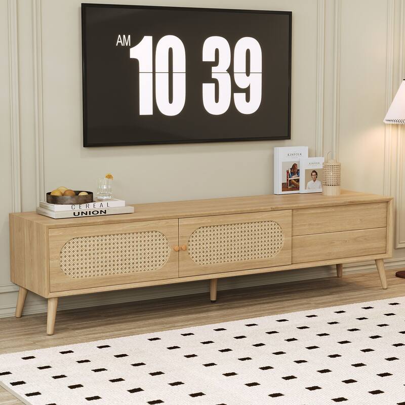 TV Stand for TVs up to 80" , Modern Media Console, Entertainment Center with Wood Legs, TV Cabinet for Living Room