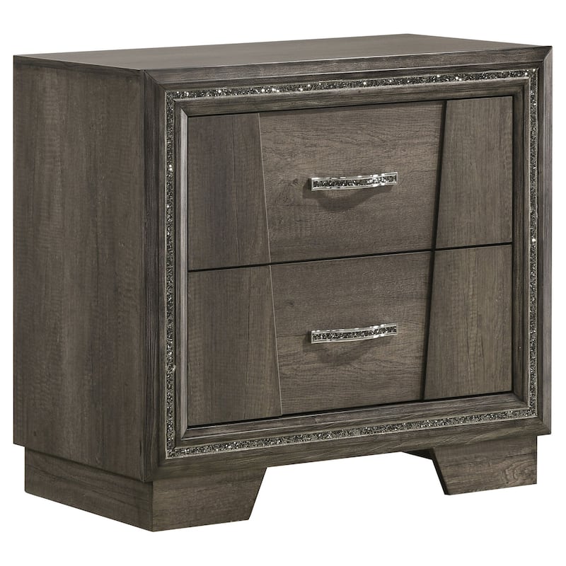 Grey Oak 2-Drawer Nightstand with Glitter Frame Strips, Shimmering Pulls, Felt Lined Top Drawer Storage