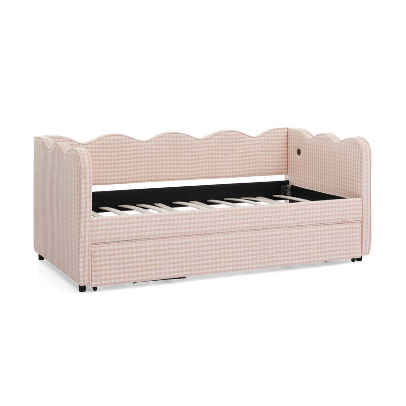 Roomfitters Gingham Daybed with Trundle, Twin Upholstered Sofa Bed with USB Port and Wave Edge Design