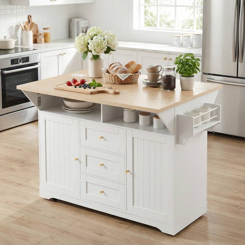 Rossetta Classic Versatile Design Folding Rolling Kitchen Island with Extendable Countertop and Power Outlet