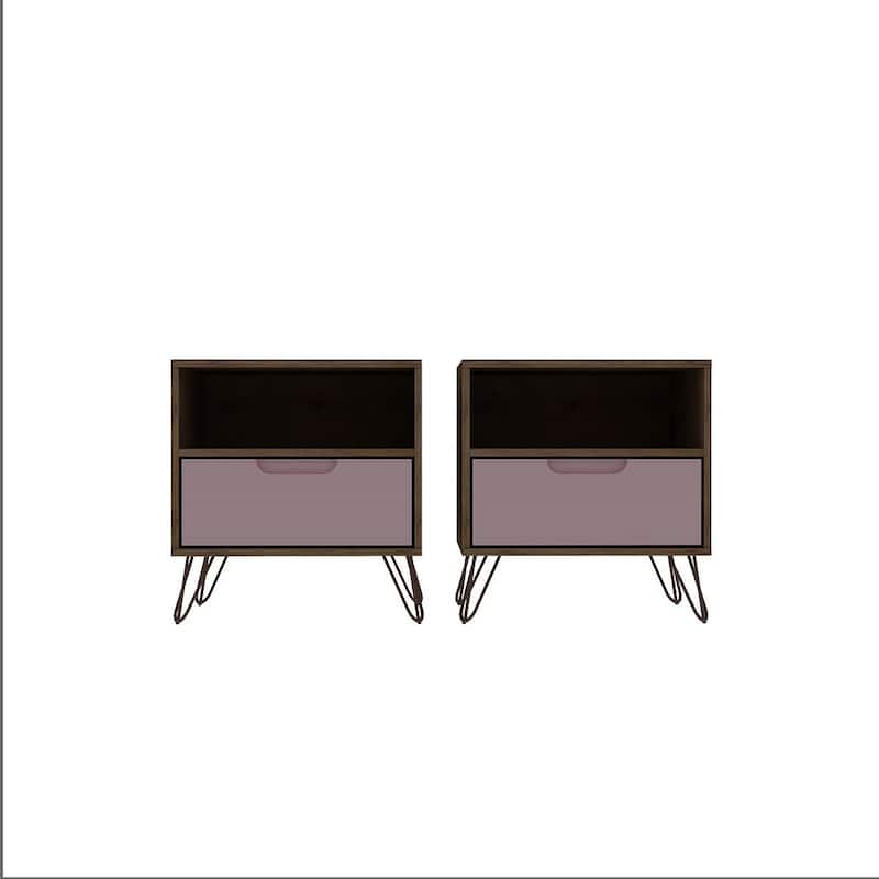 Manhattan Comfort Rockefeller 1-Drawer Nightstand (Set of 2) - Nature and Rose Pink