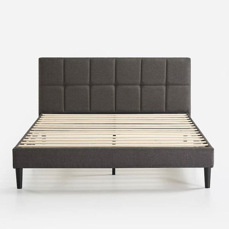 Modern Upholstered Platform Bed with Square-Stitched Headboard Low Profile Bed Frames Grey