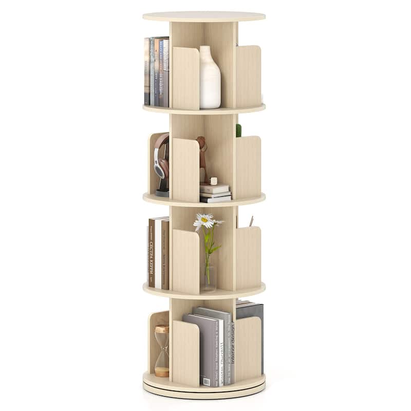 Narrow 4-Tier Rotating Storage Bookshelf with Swivel Display and Dividers for Home and Office - 15.5" x 15.5" x 50.5" - Natural
