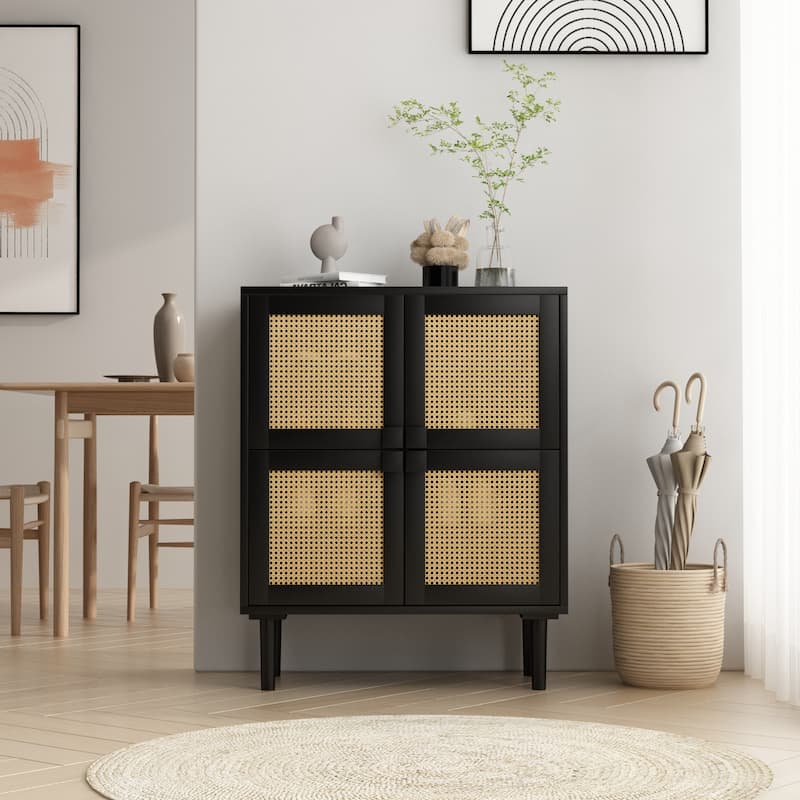 4-Doors Rattan Mesh Storage Cabinet, Sideboard with Eight Storage Spaces, (Black)