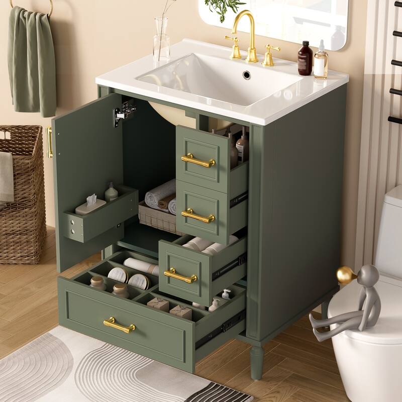 24" Modern Bathroom Vanity with Ceramic Sink, Soft-Close Door, 3 Drawers, Gold Handles, and Door-Mounted Rack - Olive Green