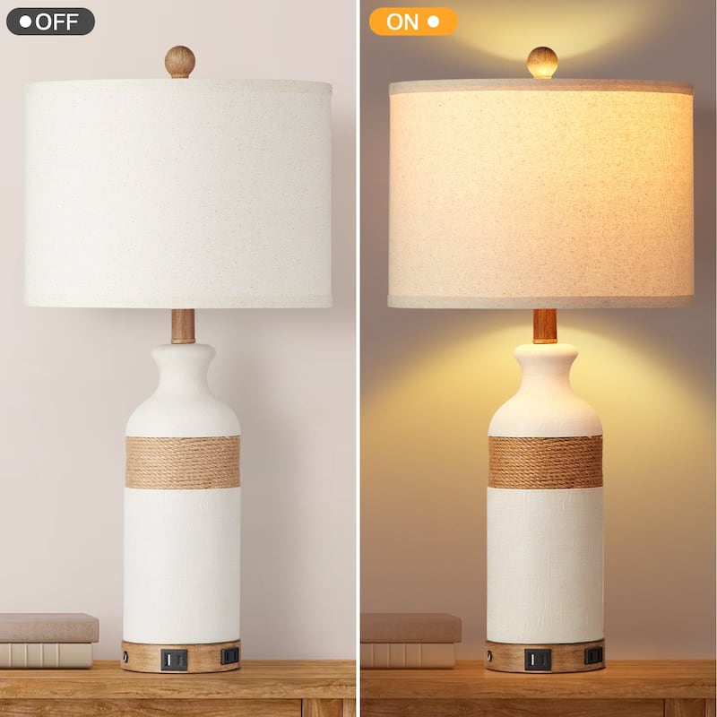 Table Lamp White Resin Touch Dimming Switch USB and Type C Charging Ports AC Outlet No Strobe (Set of 2)