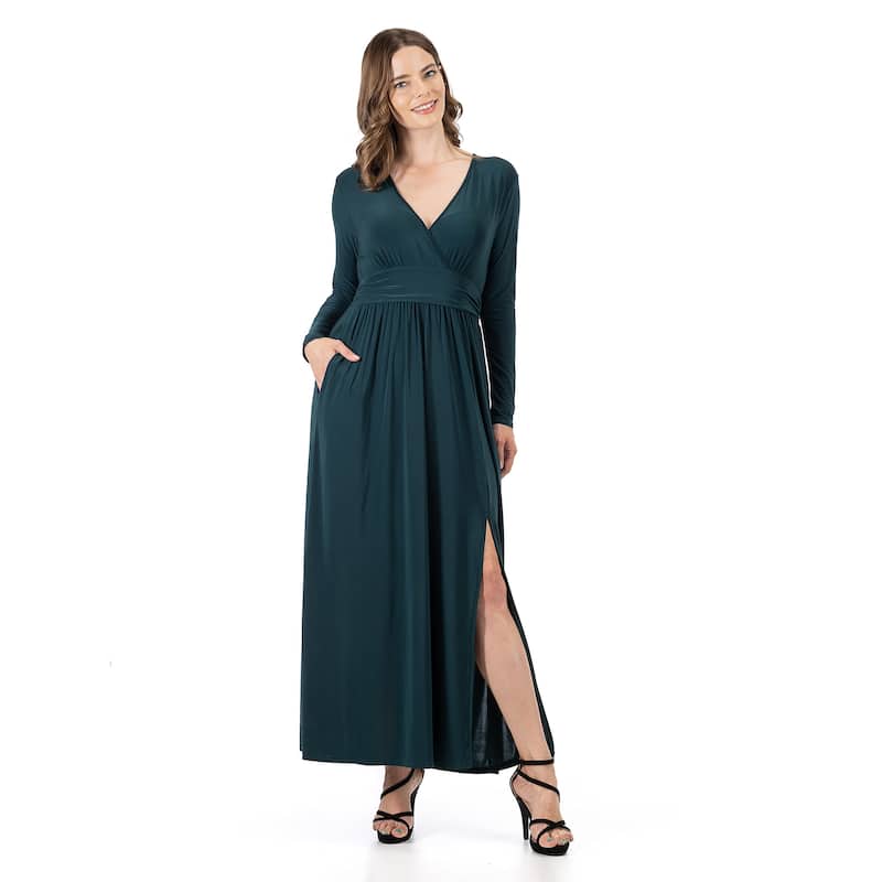 24seven Comfort Apparel Womens Long Sleeve V Neck Side Slit Maxi Dress - Green - XL